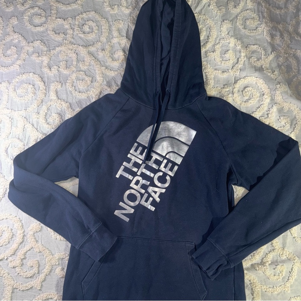 The North Face Hoodie L Metallic Logo Navy Blue Pullover Grunge Streetwear‎